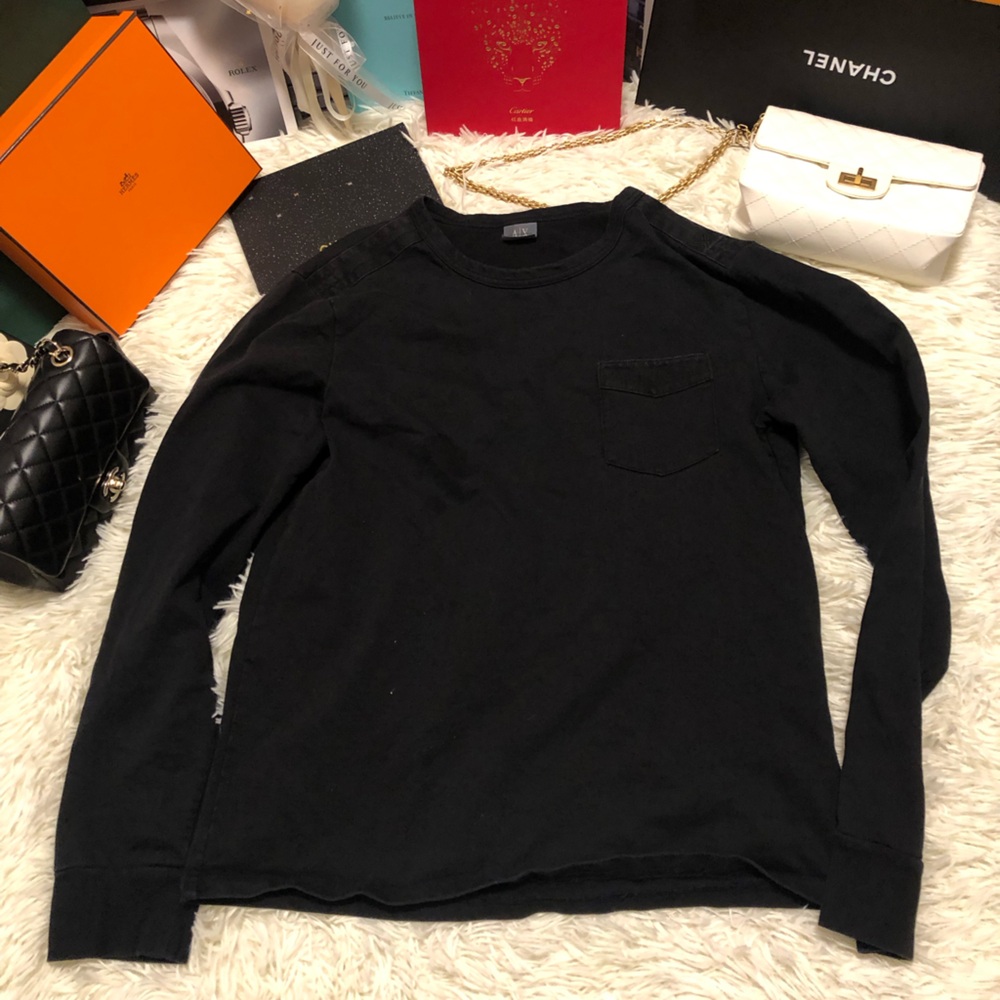 Armani Exchange Black Crewneck Long Sleeve Tee (Free Mystery La Mer item & …